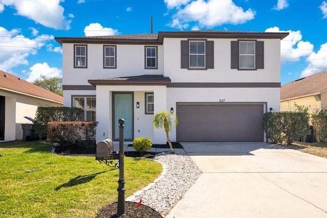 227 Sand Ridge Dr, Davenport, FL 33896 - traditional-style home with stucco siding, an attached garage, driveway, and a front lawn