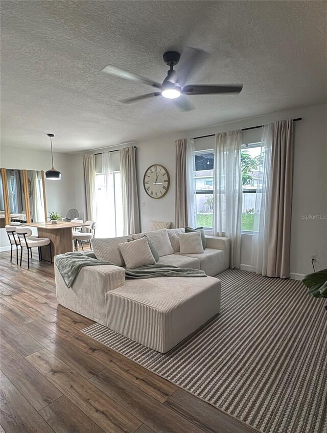 9016 Pyrus St, Kissimmee, FL 34747 - living room featuring healthy amount of natural light, ceiling fan, wood-type flooring, a textured ceiling, and baseboards