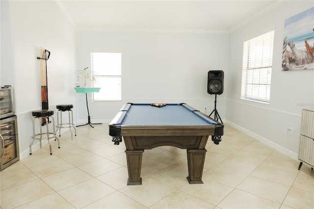 playroom with crown molding, beverage cooler, pool table, and baseboards