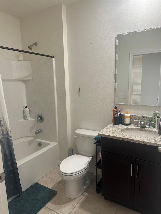 full bathroom with vanity, toilet, shower / tub combo, and tile patterned flooring