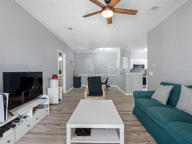 18001 Richmond Place Dr Unit 126, Tampa, FL 33647 - living area with ornamental molding, ceiling fan, a textured ceiling, and light wood finished floors