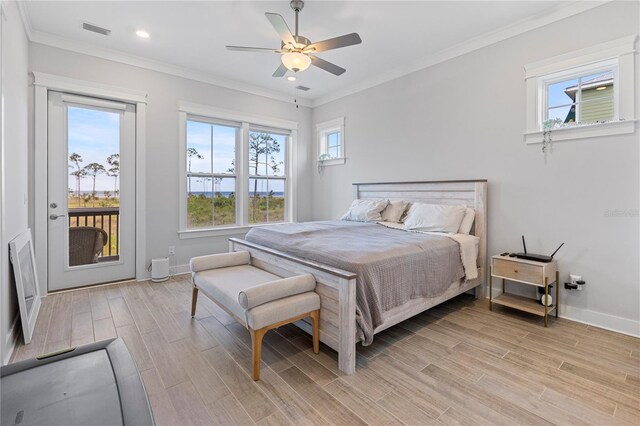 bedroom featuring access to outside, light wood-style flooring, baseboards, crown molding, and recessed lighting