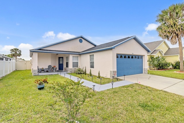 ranch-style home featuring an attached garage, a front lawn, driveway, and stucco siding
