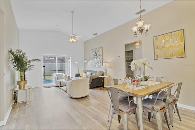 dining space with baseboards, light wood-style floors, visible vents, and ceiling fan with notable chandelier