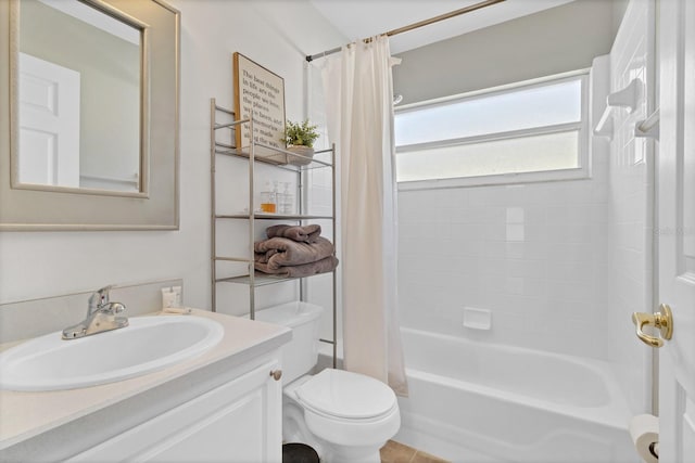 bathroom featuring vanity, shower / bathtub combination with curtain, and toilet