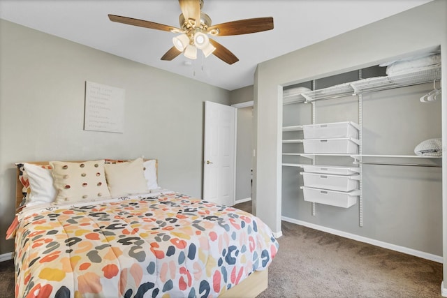 bedroom with a ceiling fan, baseboards, and carpet