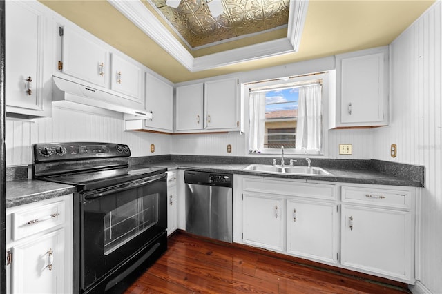 2430 Mill Run Blvd, Kissimmee, FL 34744 - kitchen with black / electric stove, stainless steel dishwasher, under cabinet range hood, a sink, and a tray ceiling