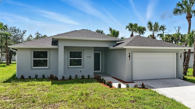 4098 New Milford St, North Port, FL 34288 - view of front facade featuring stucco siding, an attached garage, a front lawn, and driveway