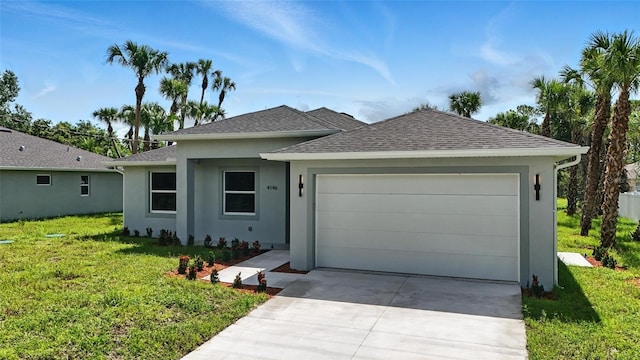 4098 New Milford St, North Port, FL 34288 - ranch-style home featuring an attached garage, a front yard, roof with shingles, and driveway