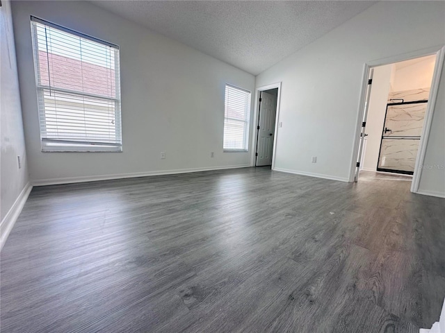 spare room with lofted ceiling, baseboards, a textured ceiling, and dark wood-type flooring