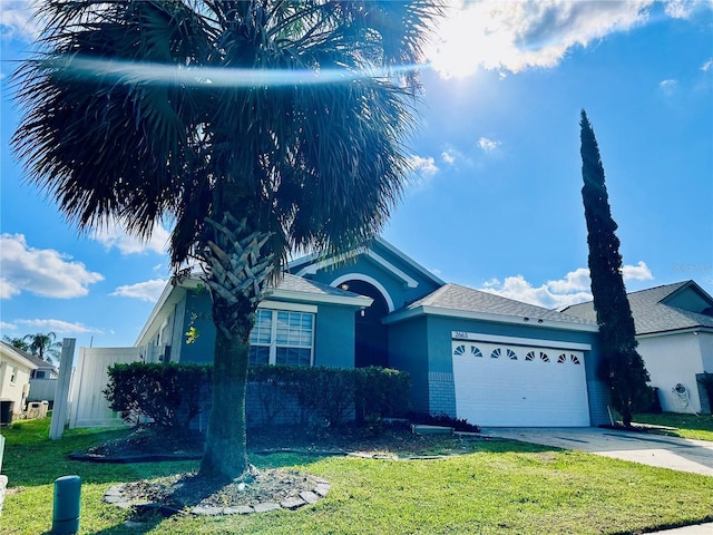 single story home with a front lawn, stucco siding, an attached garage, driveway, and roof with shingles