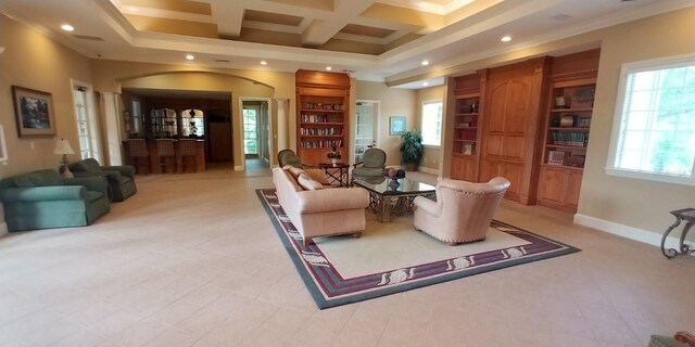 8809 Dunes Ct Unit 201, Kissimmee, FL 34747 - living room featuring recessed lighting, arched walkways, coffered ceiling, crown molding, and beam ceiling