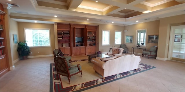 8809 Dunes Ct Unit 201, Kissimmee, FL 34747 - living room featuring crown molding, coffered ceiling, recessed lighting, beam ceiling, and baseboards