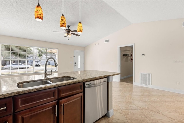 1208 Roma Ct, Orlando, FL 32825 - kitchen featuring vaulted ceiling, dishwasher, visible vents, a ceiling fan, and a sink