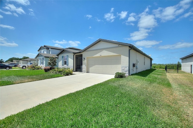 ranch-style home with an attached garage, driveway, stone siding, stucco siding, and fence