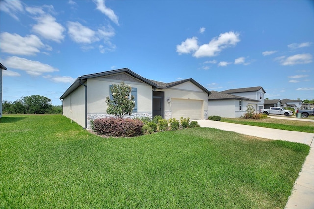 ranch-style home with a front yard, stucco siding, driveway, stone siding, and an attached garage
