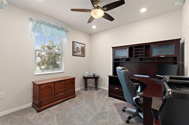 home office with recessed lighting, ceiling fan, light colored carpet, and baseboards