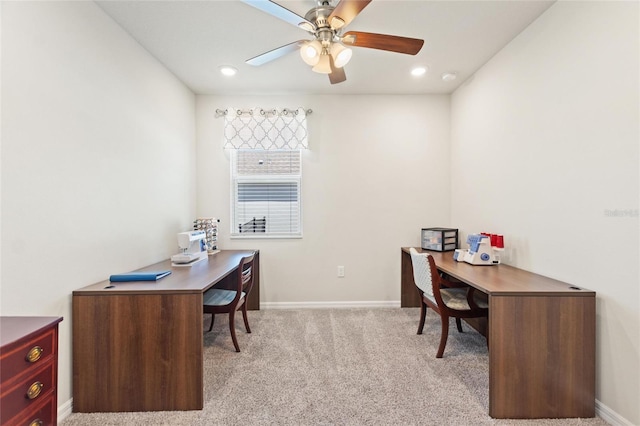 home office with light colored carpet, ceiling fan, recessed lighting, and baseboards