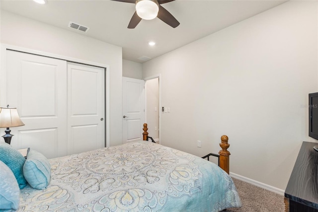 bedroom with recessed lighting, a closet, visible vents, baseboards, and carpet floors