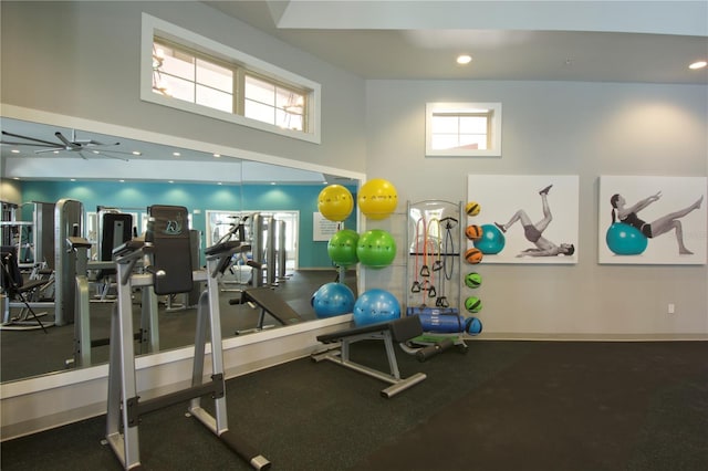 16043 Scarpetta St, Winter Garden, FL 34787 - exercise room with a high ceiling, a ceiling fan, and recessed lighting