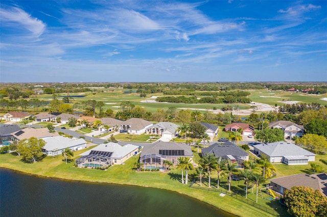 bird's eye view featuring a residential view, a water view, and view of golf course