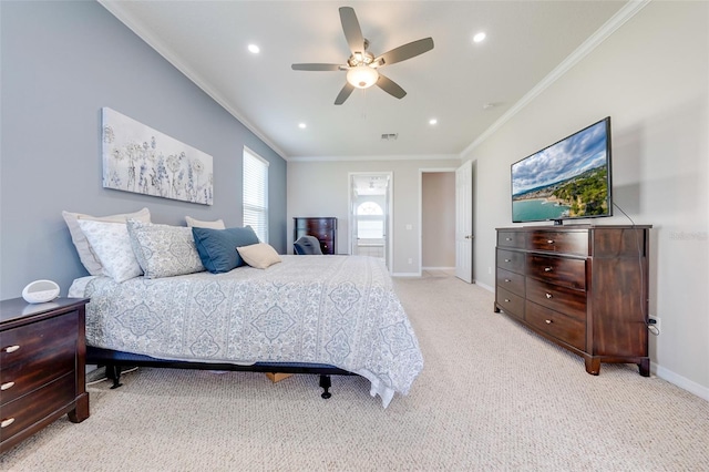 bedroom featuring recessed lighting, a ceiling fan, crown molding, baseboards, and light colored carpet