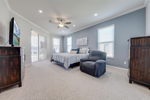 bedroom with baseboards, carpet flooring, recessed lighting, and crown molding