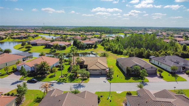 bird's eye view featuring a water view and a residential view