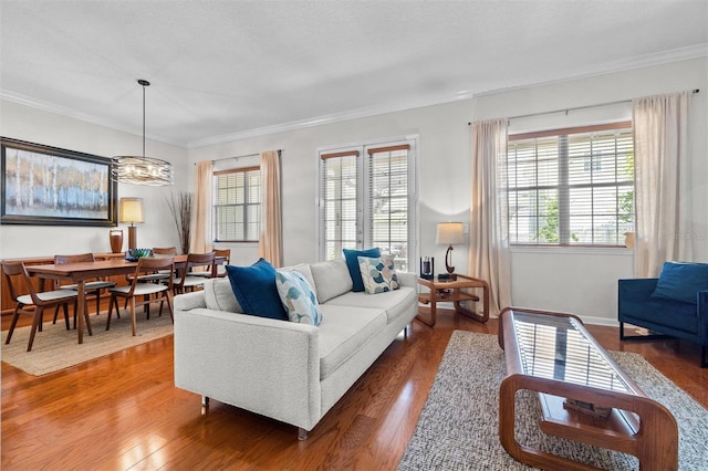 living room with crown molding, wood finished floors, and a healthy amount of sunlight