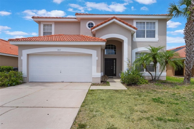 301 Rosso Dr, Davenport, FL 33837 - mediterranean / spanish house with a front lawn, stucco siding, driveway, and an attached garage