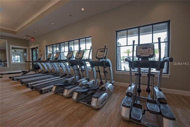 2487 Empress Dr, Kissimmee, FL 34741 - gym featuring baseboards, crown molding, plenty of natural light, and wood finished floors