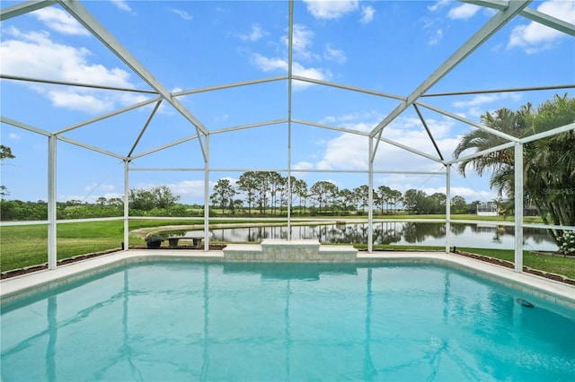 outdoor pool with a lanai, a water view, and a lawn