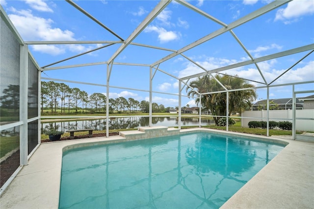 view of swimming pool featuring a fenced in pool, glass enclosure, a water view, and a patio area