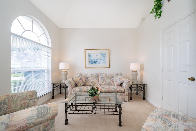 living room featuring baseboards and light carpet