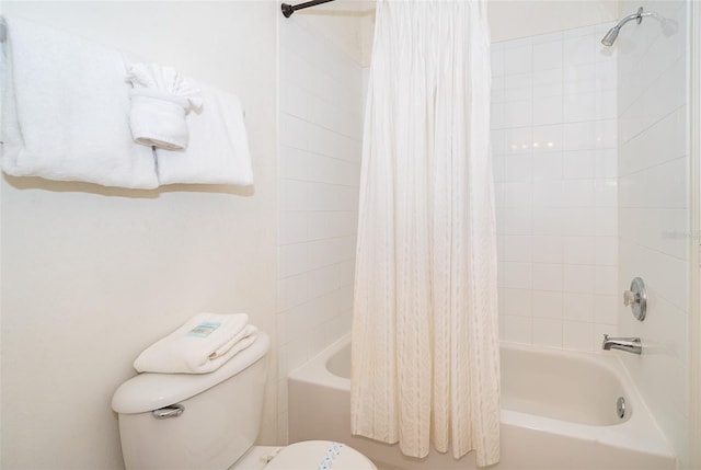 bathroom with toilet and shower / bathtub combination with curtain