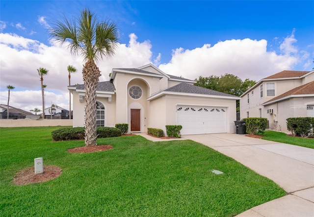 view of front of home featuring a front yard, a garage, concrete driveway, a shingled roof, and stucco siding