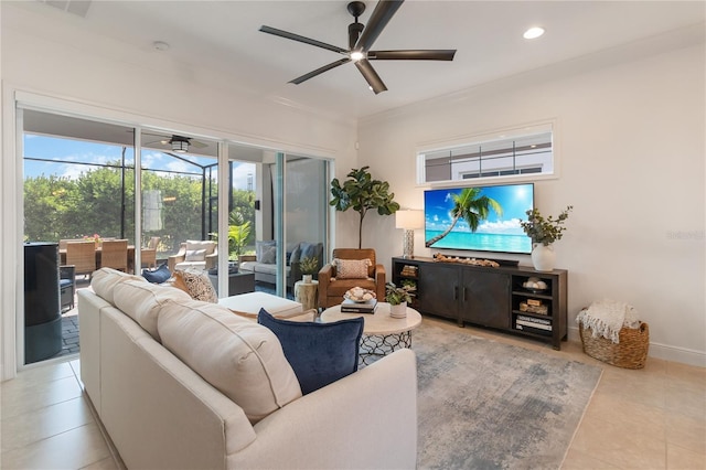 living area with recessed lighting, visible vents, a ceiling fan, light tile patterned flooring, and a sunroom