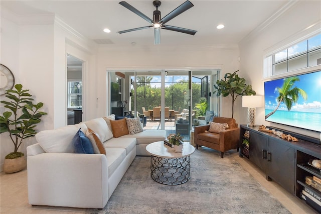 living area featuring visible vents, ceiling fan, crown molding, and recessed lighting