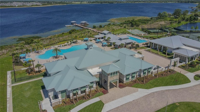 drone / aerial view with a water view