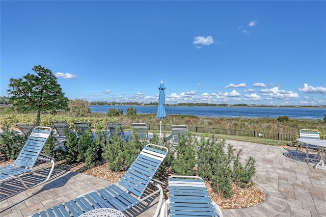 view of patio / terrace with fence and a water view