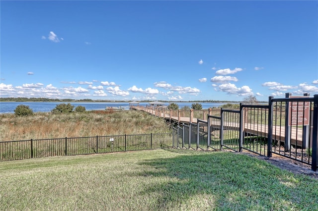 view of yard with a water view and a fenced backyard