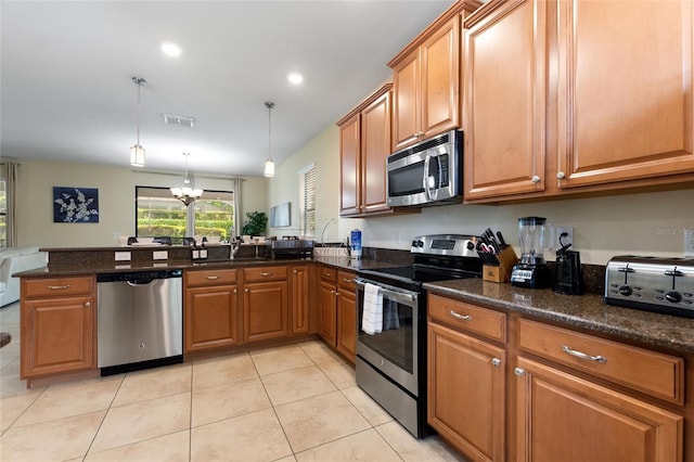 kitchen featuring brown cabinetry, a peninsula, appliances with stainless steel finishes, and a sink