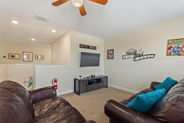 carpeted living area with baseboards, visible vents, ceiling fan, and recessed lighting