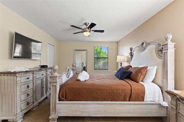 carpeted bedroom with ceiling fan