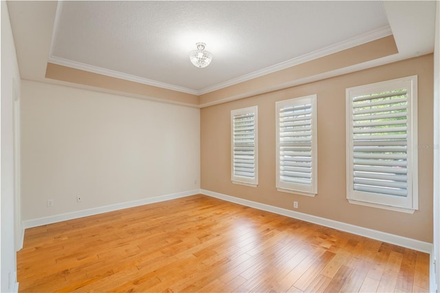 spare room featuring baseboards, ornamental molding, and light wood-style floors