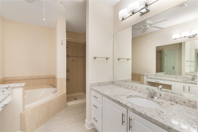 bathroom featuring ceiling fan, tile patterned floors, a shower stall, visible vents, and a bath