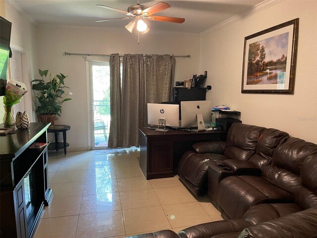 5501 Pga Blvd Unit 4714, Orlando, FL 32839 - living area featuring light tile patterned flooring, a ceiling fan, ornamental molding, and baseboards