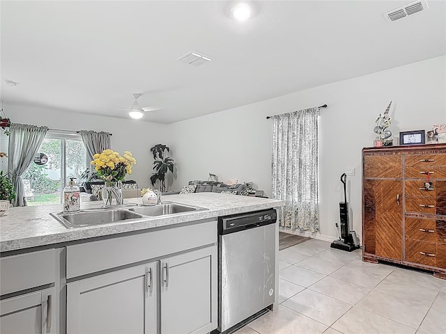 kitchen featuring visible vents, light countertops, dishwasher, and a sink