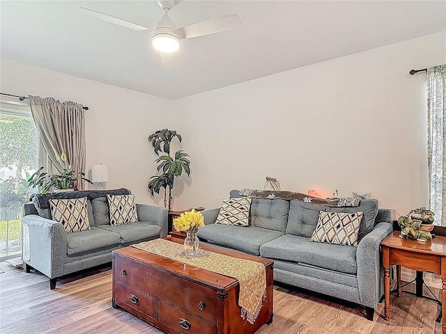 living area featuring a ceiling fan, light wood finished floors, and plenty of natural light