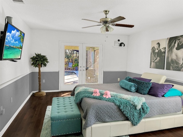 bedroom with wood finished floors, access to exterior, baseboards, ceiling fan, and french doors